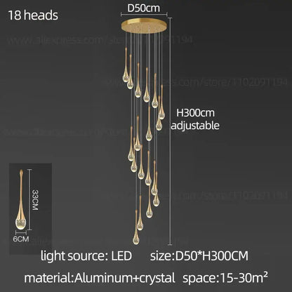 Gold-toned decorbites crystal chandelier with 18 teardrop-shaped crystal pendants on aluminum base for modern interiors