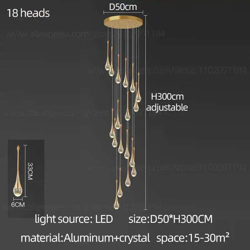 Gold-toned decorbites crystal chandelier with 18 teardrop-shaped crystal pendants on aluminum base for modern interiors