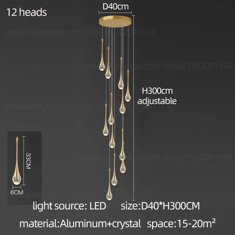 Gold-toned decorbites crystal chandelier with 12 teardrop-shaped crystals on aluminum base for modern living spaces