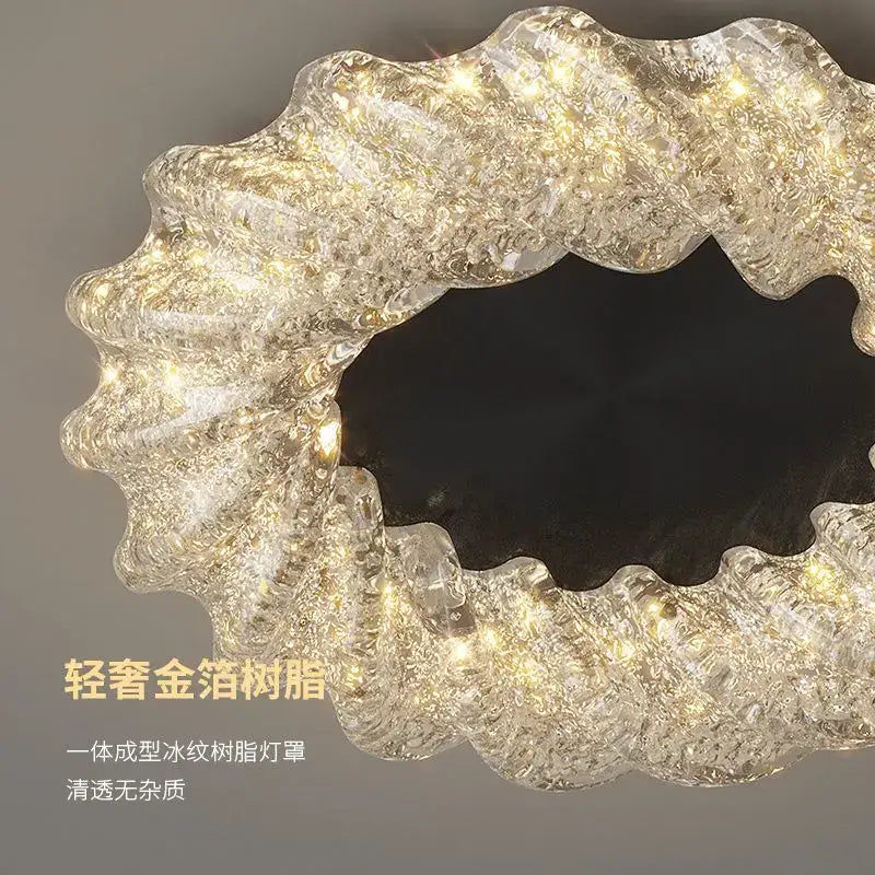 A decorbites crystal chandelier with a translucent ice-patterned resin lampshade and warm led lights for modern décor