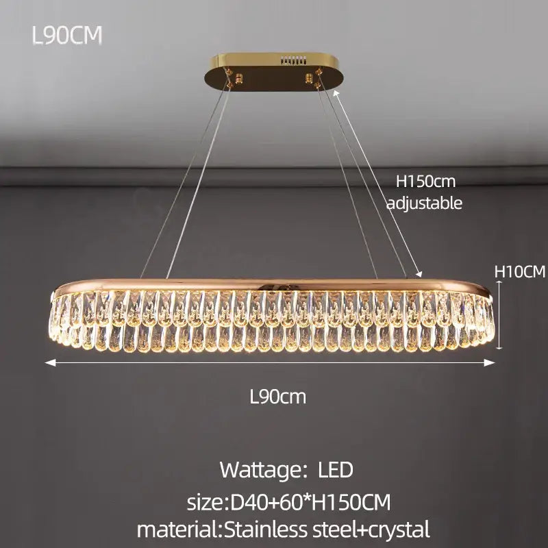 Gold-toned oval decorbites crystal chandelier with sleek stainless steel frame and cascading crystal droplets for modern lighting