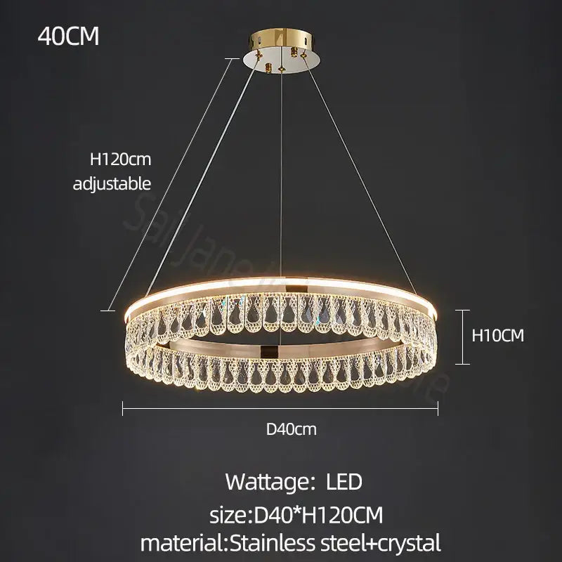 A modern decorbites crystal chandelier with gold stainless steel frame and cascading crystal droplets for luxurious rooms