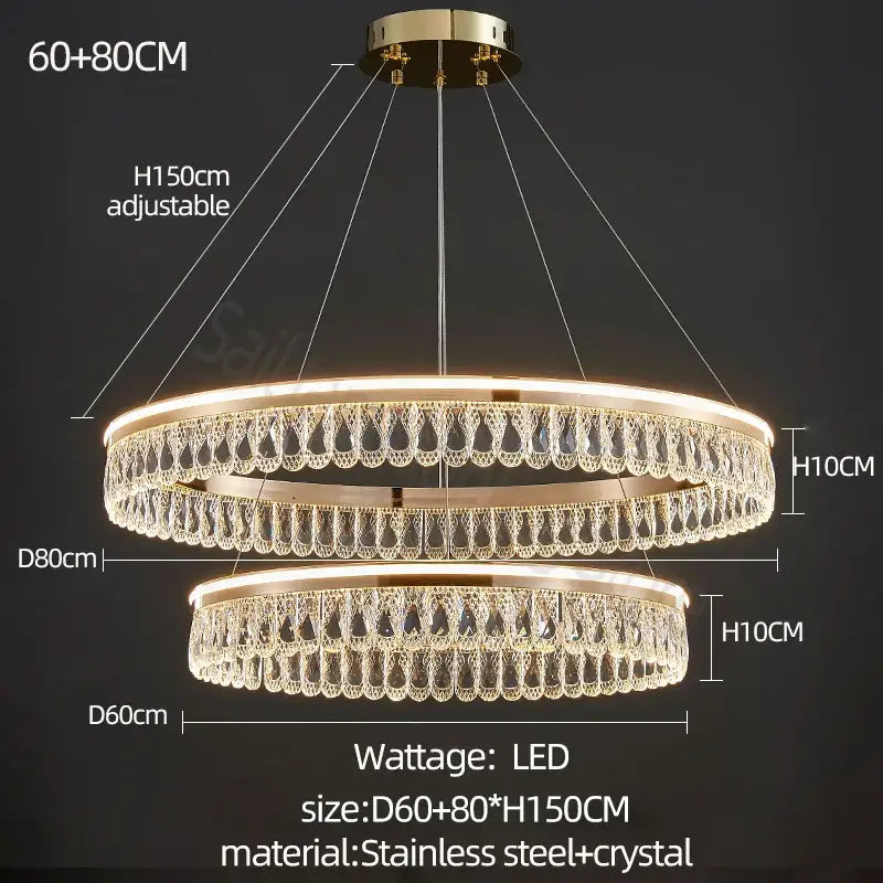 Gold-toned decorbites crystal chandelier double-ring with crystal teardrop accents and stainless steel frame for elegant living spaces