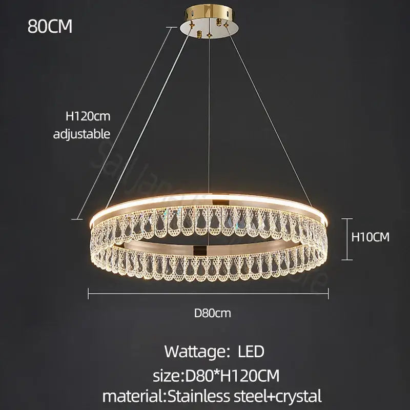 Gold-toned decorbites crystal chandelier with two tiers of stainless steel and crystal droplets for modern luxury living rooms