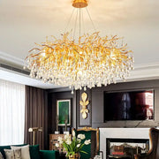 Golden branch-style decorbites crystal chandelier with cascading clear crystal droplets for modern living room lighting