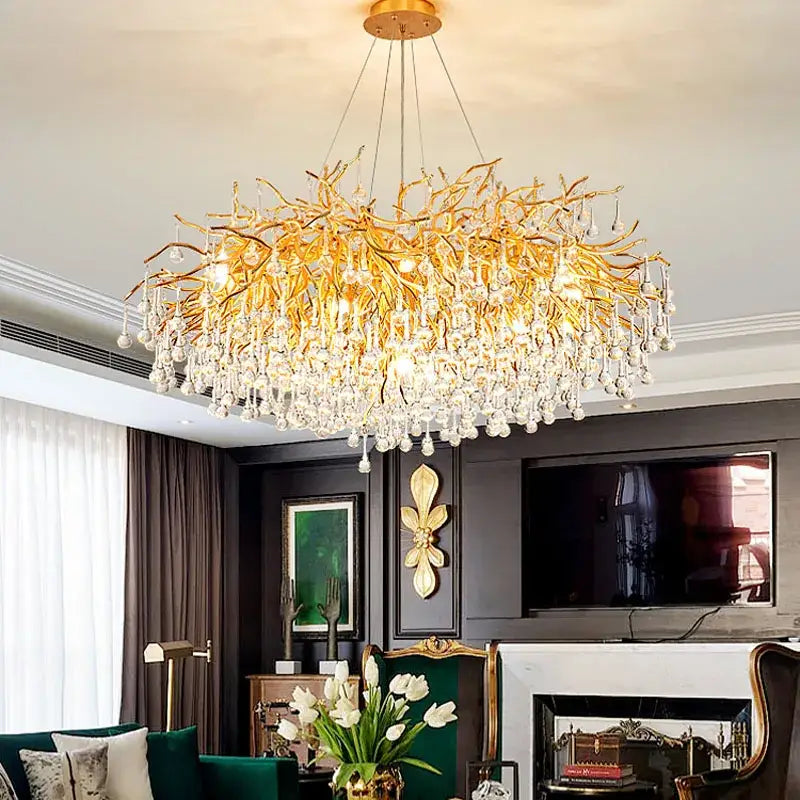 Golden branch-style decorbites crystal chandelier with cascading clear crystal droplets for modern living room lighting