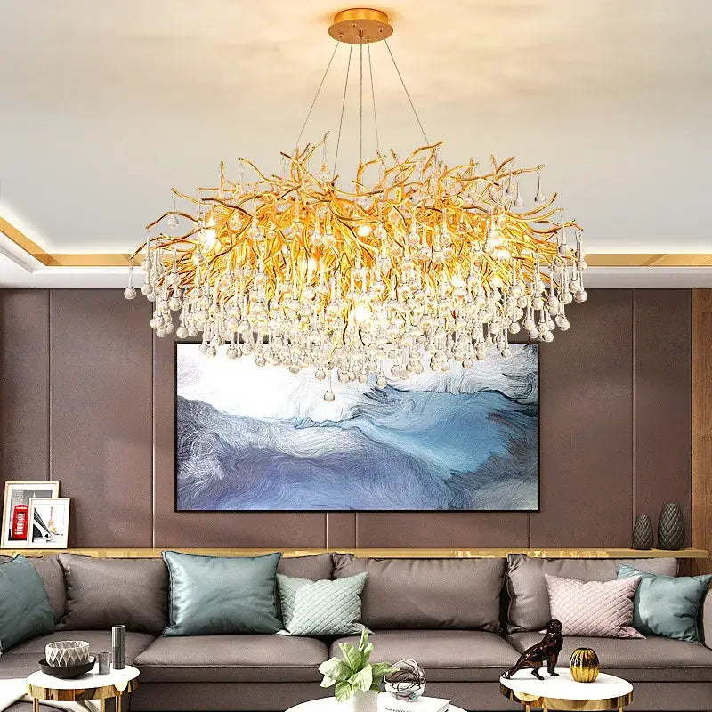 Golden branch-style decorbites crystal chandelier with dangling crystal droplets modern led luxury lighting for living room