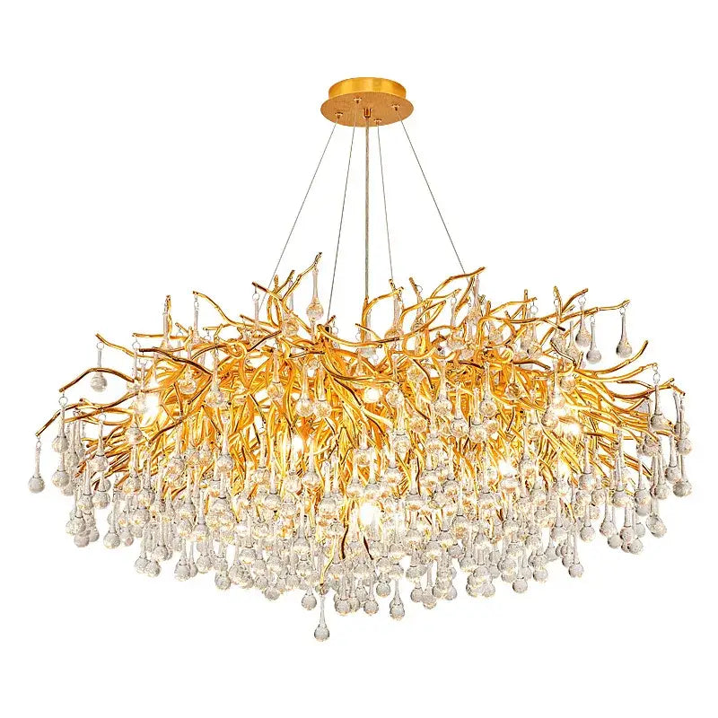 Golden branch-style decorbites crystal chandelier adorned with cascading clear crystal droplets for modern living room lighting
