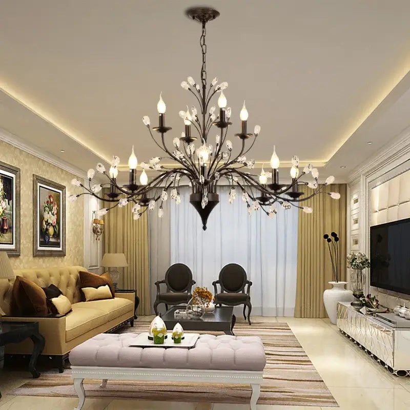 Black wrought iron decorbites crystal chandelier with clear crystal accents and exposed bulbs for modern vintage lighting