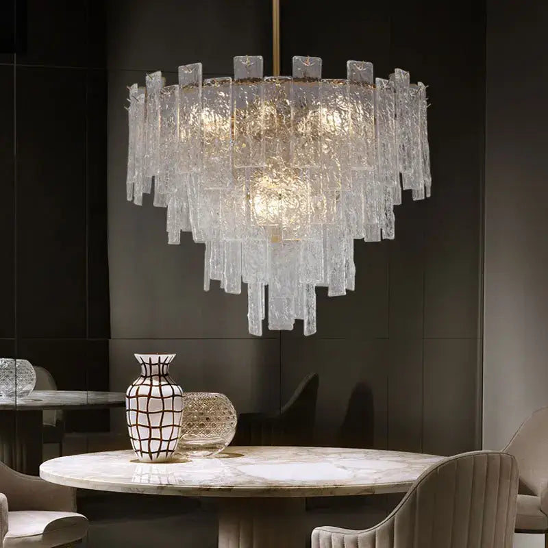 Modern led decorbites crystal chandelier with cascading frosted glass rods in concentric tiers for home decor