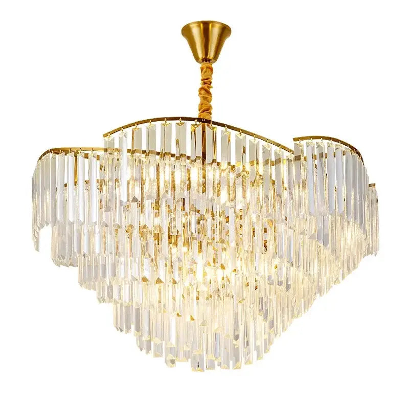A multi-tiered decorbites crystal chandelier with clear crystal prisms and gold finish for living room and bedroom