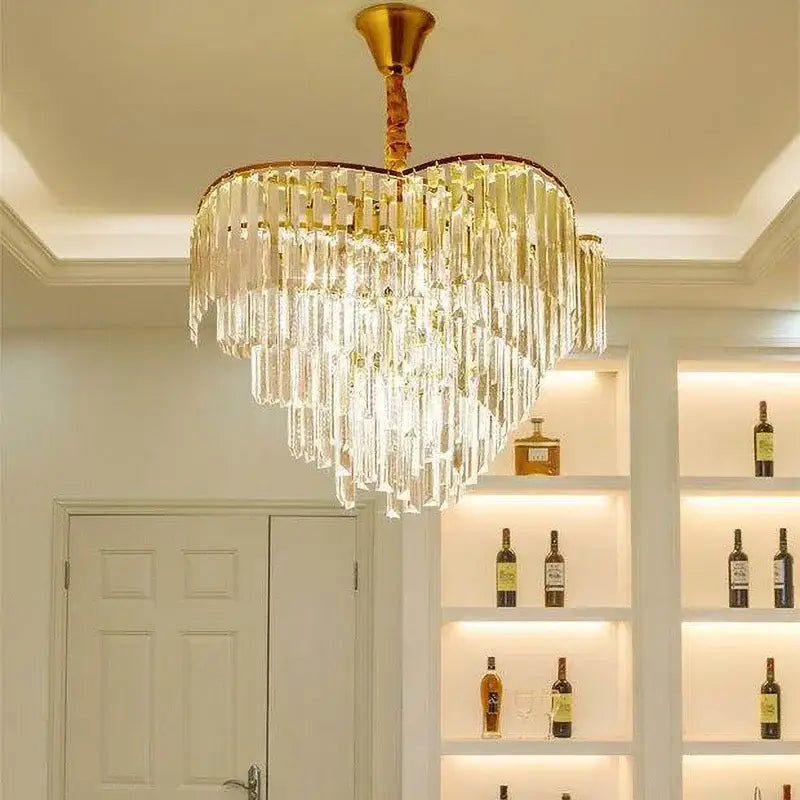 DecorBites crystal chandelier golden heart shaped with cascading clear crystal prisms modern LED pendant light