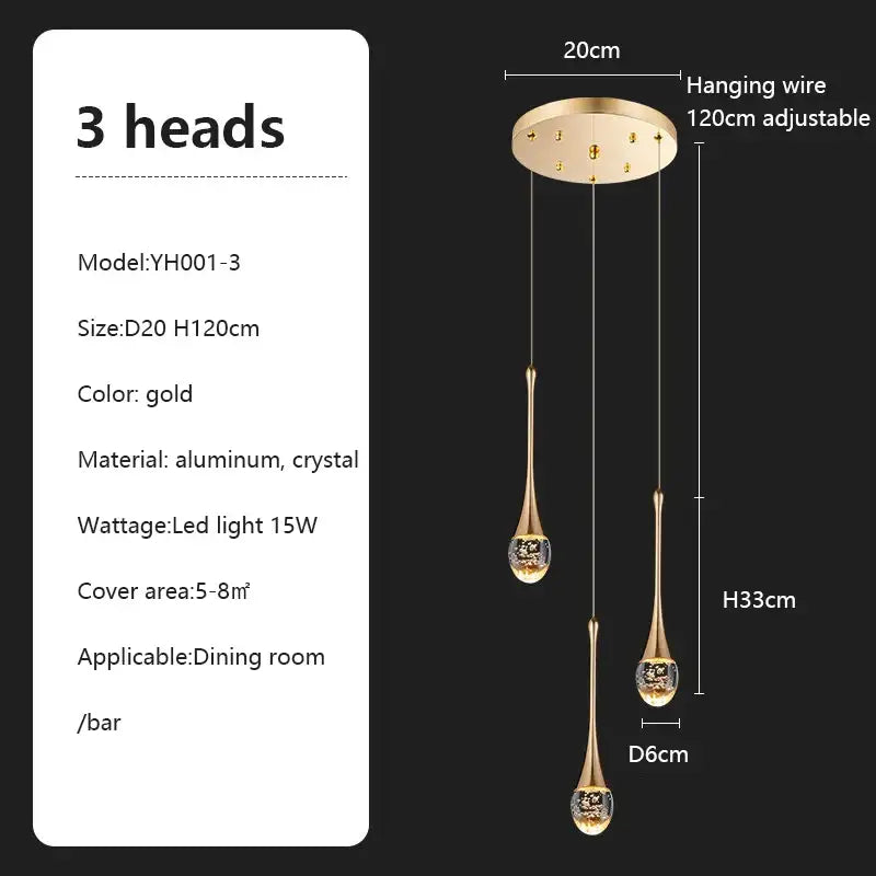 Gold-colored decorbites crystal chandelier with three teardrop crystal fixtures and adjustable aluminum ceiling mount