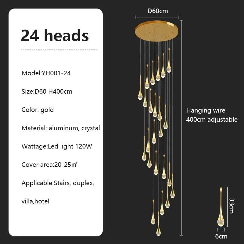Gold-colored decorbites crystal chandelier with 24 teardrop pendants and aluminum mount pendant light for villa living room