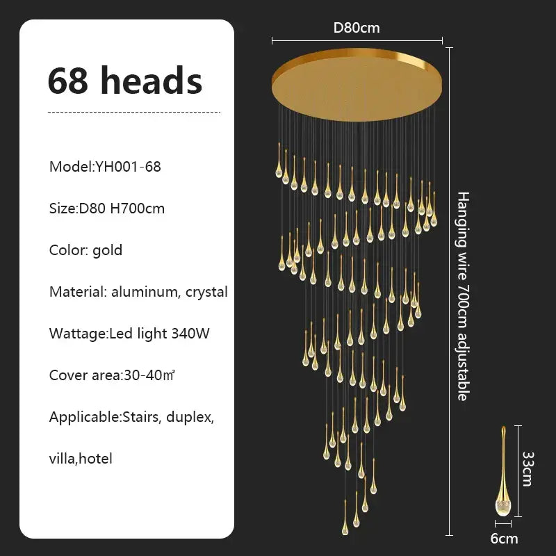 Gold-colored decorbites crystal chandelier with 68 teardrop aluminum crystal pendants for villa living room and attic