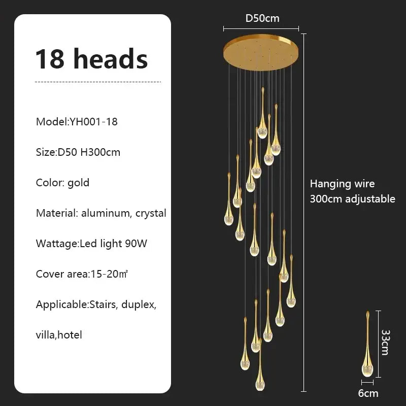 Gold-colored decorbites crystal chandelier pendant light with 18 teardrop crystal lights suspended from aluminum mount