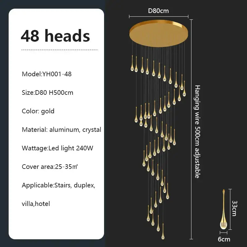 Gold-colored decorbites crystal chandelier with 48 teardrop crystal pendants suspended from aluminum mount for villa living room