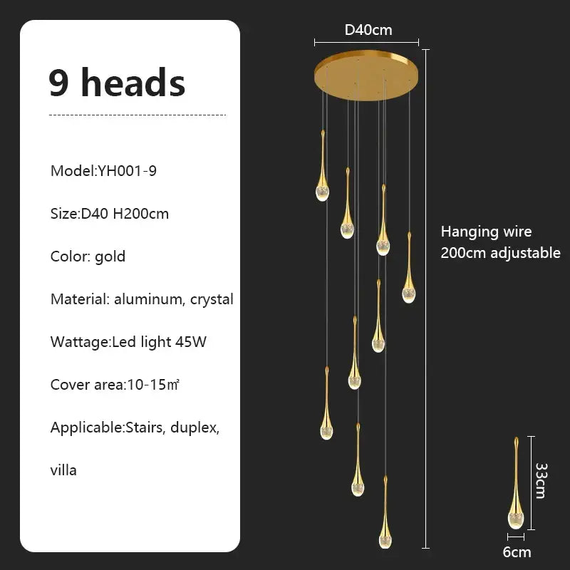 Gold-colored decorbites crystal chandelier with nine teardrop pendants and aluminum ceiling mount pendant light for villa use
