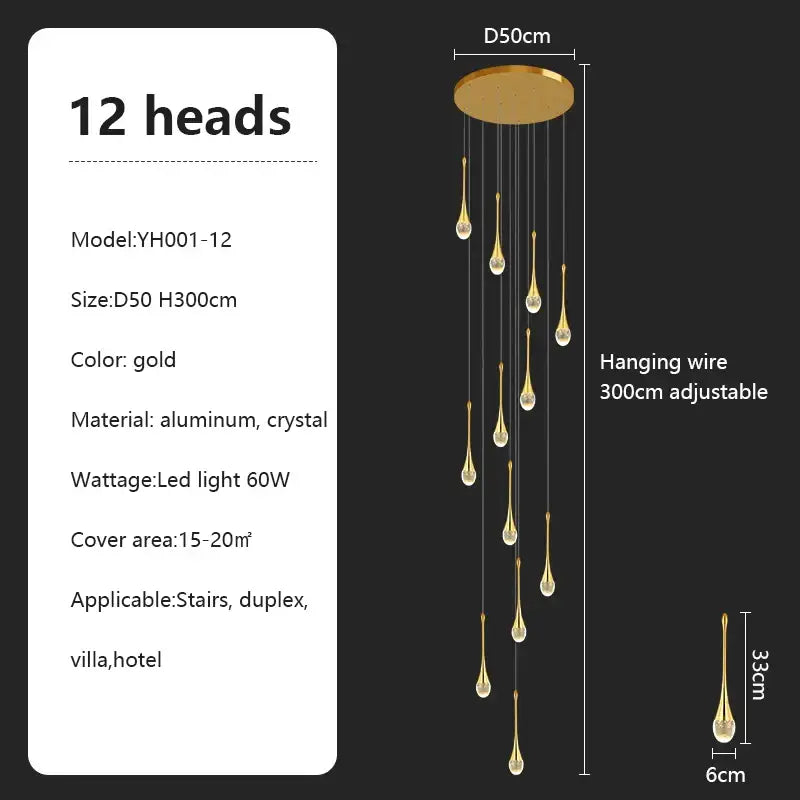 Gold-colored decorbites crystal chandelier with twelve teardrop crystal lights pendant light for villa living room and attic