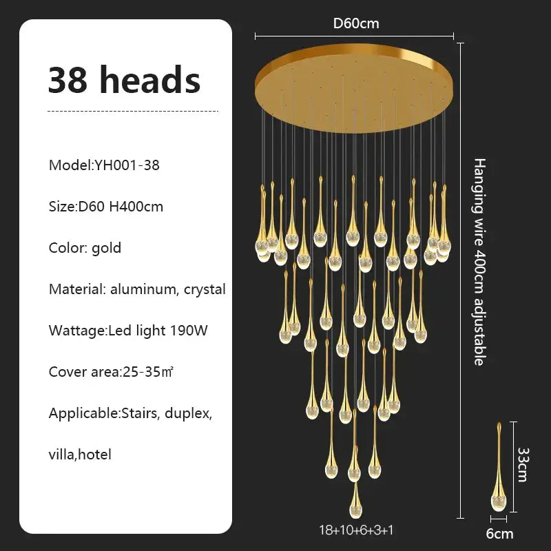 Gold decorbites crystal chandelier with 38 teardrop crystal pendants and aluminum base modern pendant light