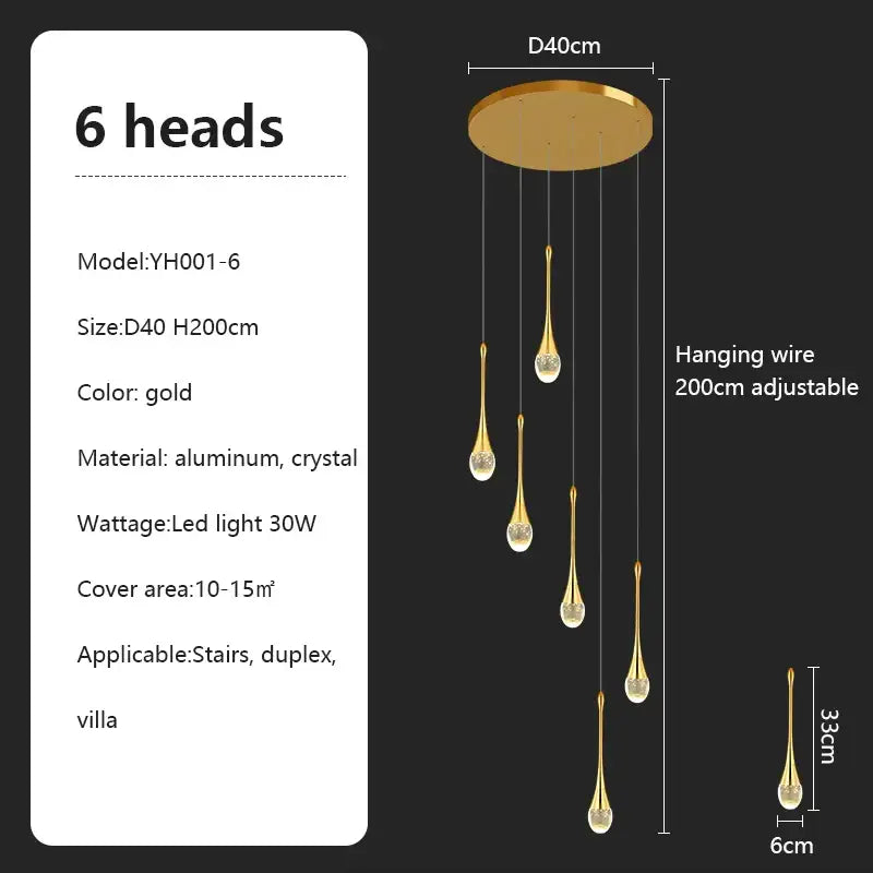Decorbites crystal chandelier gold six-head pendant light with aluminum crystal design for villa living room or attic