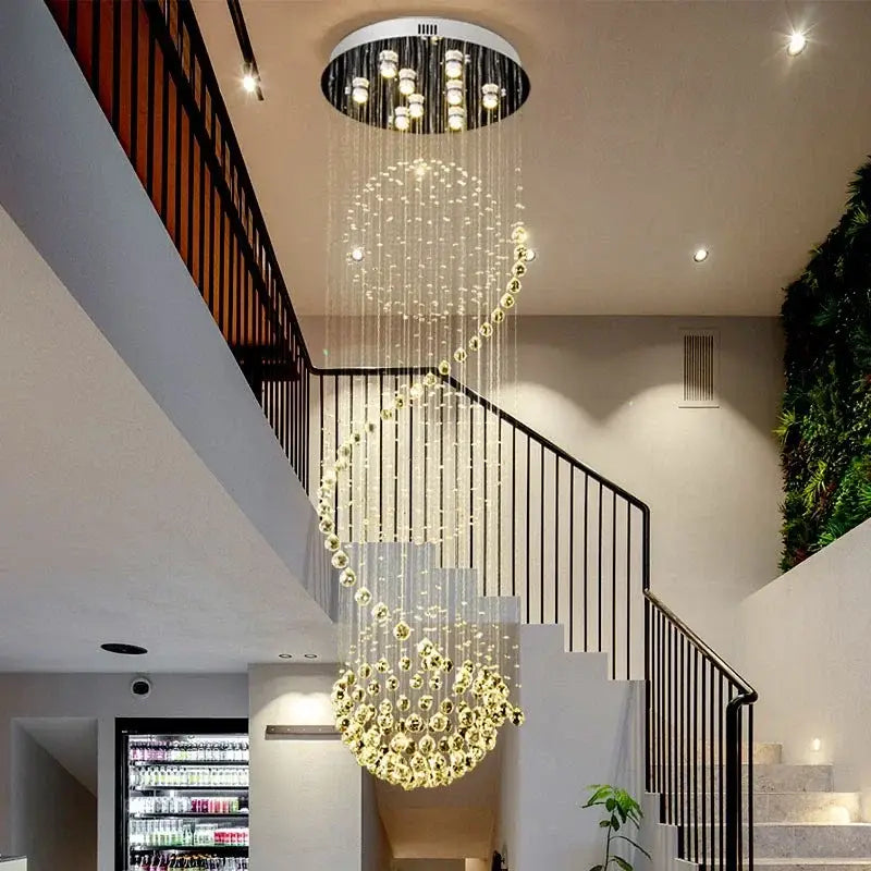 Decorbites crystal chandelier featuring a modern spiral design with cascading crystal beads and circular ceiling fixture