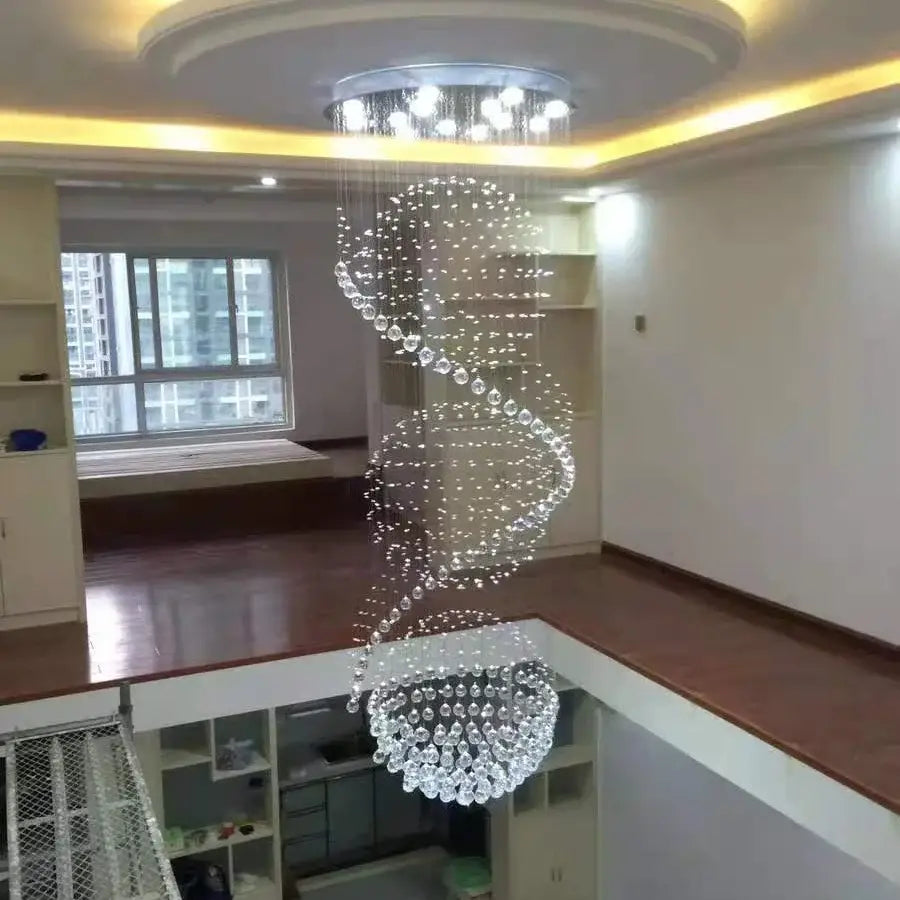 Decorbites crystal chandelier with spiral design featuring clear glass beads and LED lights for living room and lobby