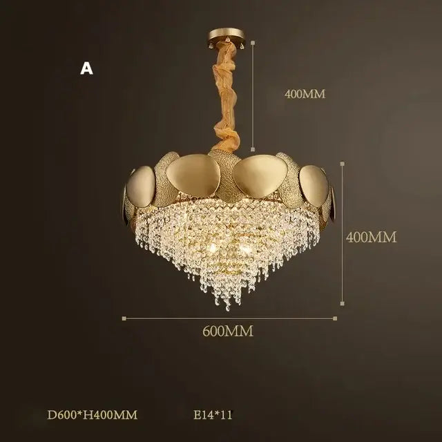 Gold-toned decorbites crystal chandelier with sculptural leaf design and cascading crystal droplets for living room lighting