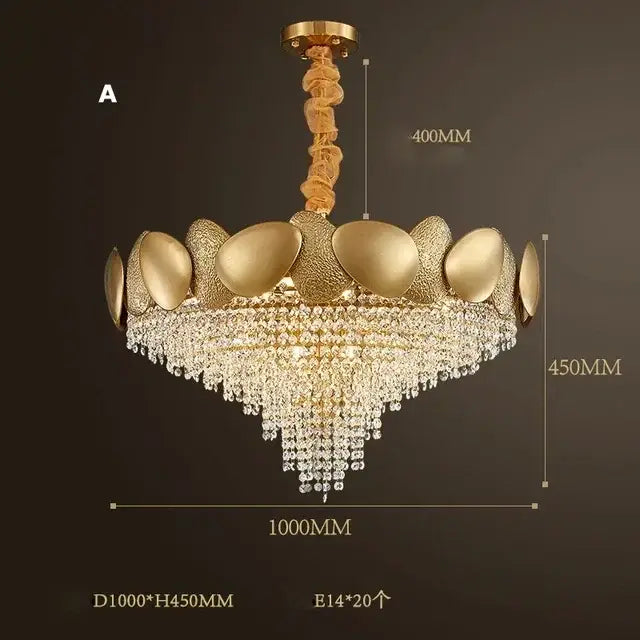 Gold-finished decorbites crystal chandelier with tiered oval plates and cascading crystal droplets for living room lighting
