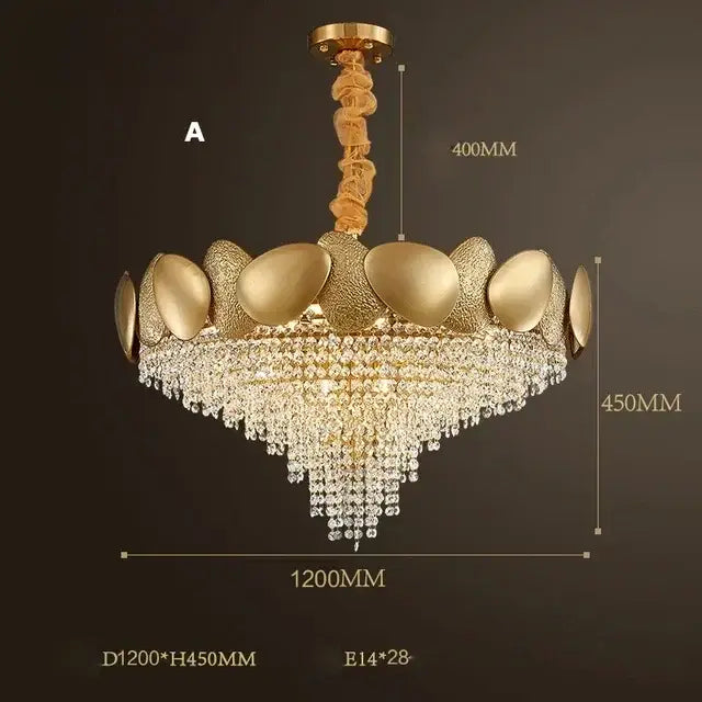 Gold-toned decorbites crystal chandelier with textured shell upper ring and cascading crystal droplets for living room