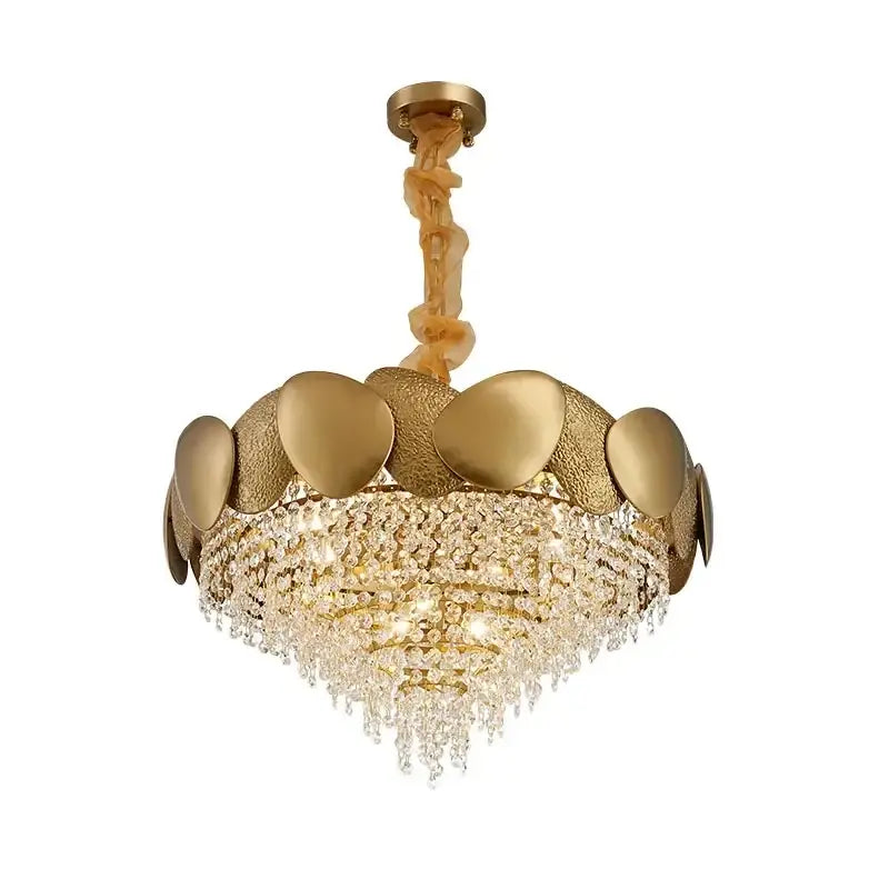 Gold-toned decorbites crystal chandelier with textured leaf metal frame and cascading crystal droplets for living room lighting