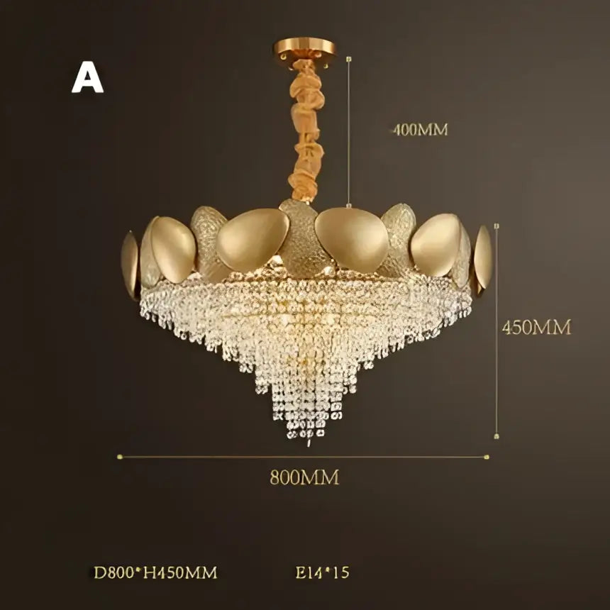 Gold-toned decorbites crystal chandelier with tiered leaf-shaped metal plates and cascading crystal droplets for living room