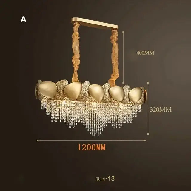 Gold-toned decorbites crystal chandelier with sculptural oval metallic elements and cascading crystal droplets for living room