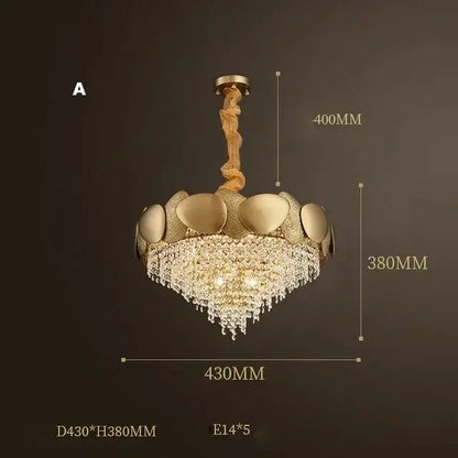 Gold-toned decorbites crystal chandelier with sculptural leaf design and cascading crystal droplets for living room lighting