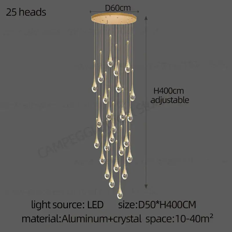Modern decorbites crystal chandelier with 25 teardrop crystal pendants and adjustable aluminum base up to 400cm height