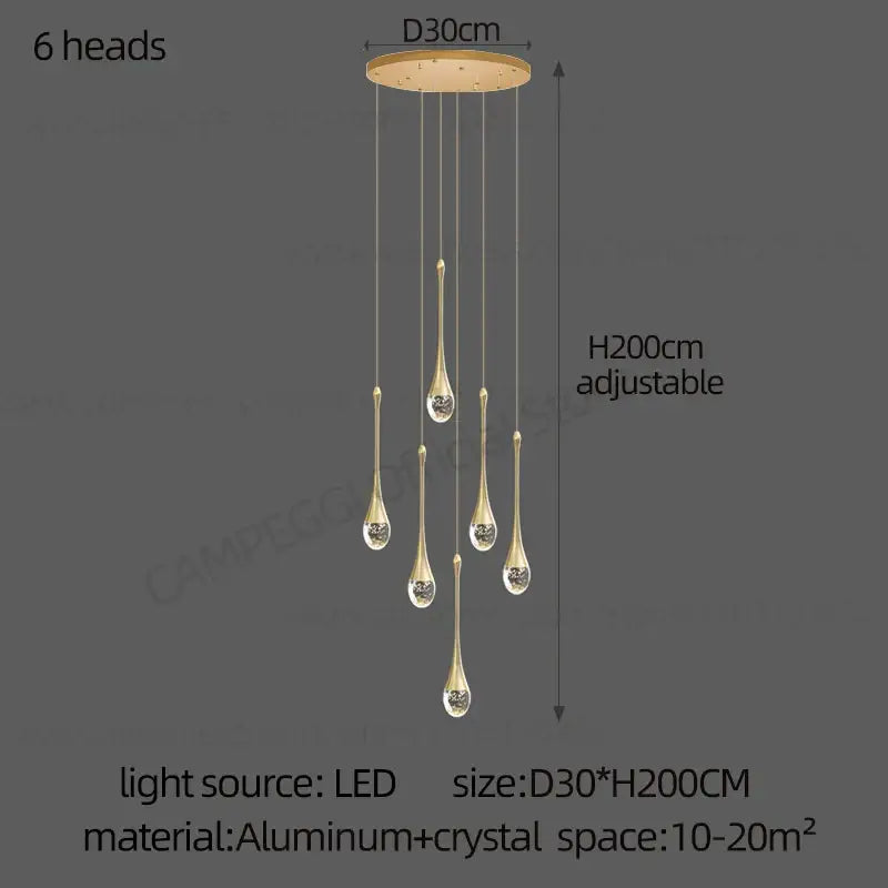 Gold-toned decorbites crystal chandelier with six teardrop led lights suspended from circular aluminum base