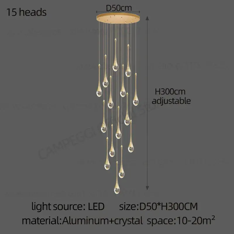 Gold-toned decorbites crystal chandelier with 15 teardrop crystal pendants and aluminum ceiling mount for modern lighting