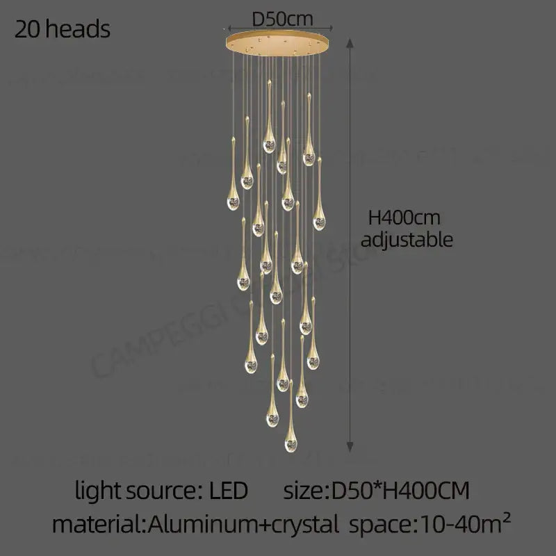 A modern decorbites crystal chandelier with 20 teardrop crystal heads and adjustable aluminum base for staircase lighting