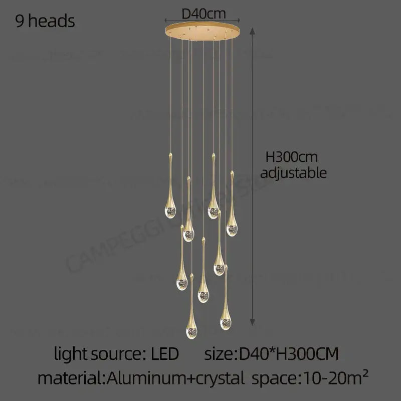 A modern decorbites crystal chandelier with nine golden teardrop crystal pendants and aluminum base for staircase lighting