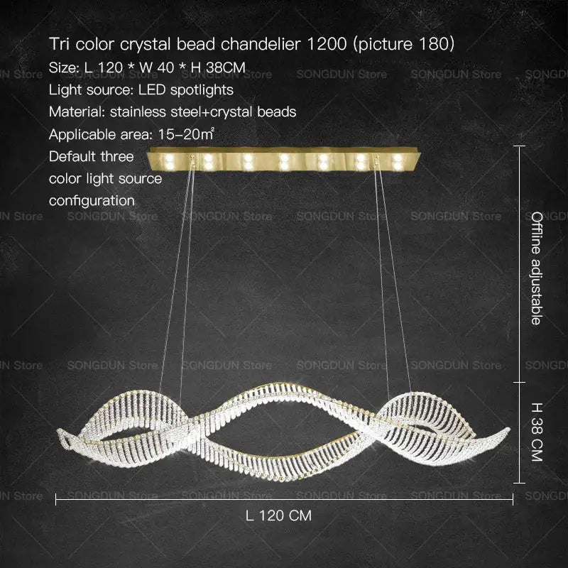 A sleek modern tri-color decorbites crystal chandelier with stainless steel frame and cascading clear crystals for luxury dining