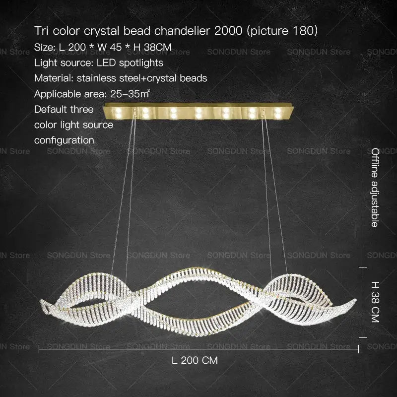 A sleek decorbites crystal chandelier with tri-color beads and gold stainless steel frame for modern luxury lighting