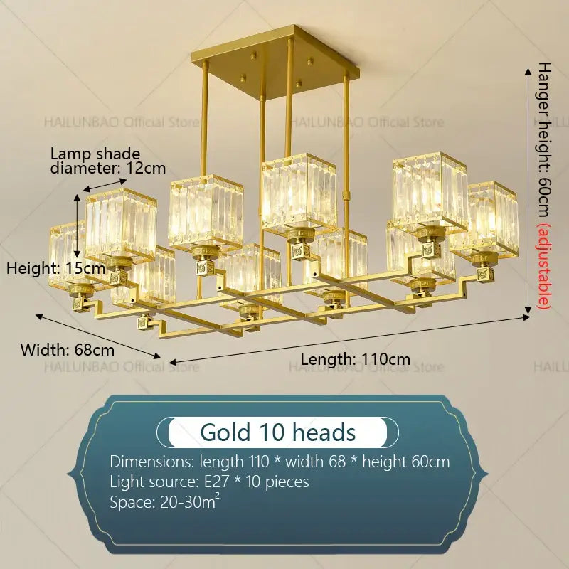 Gold-colored decorbites crystal chandelier with ten clear crystal lampshades in rectangular grid for modern luxury lighting