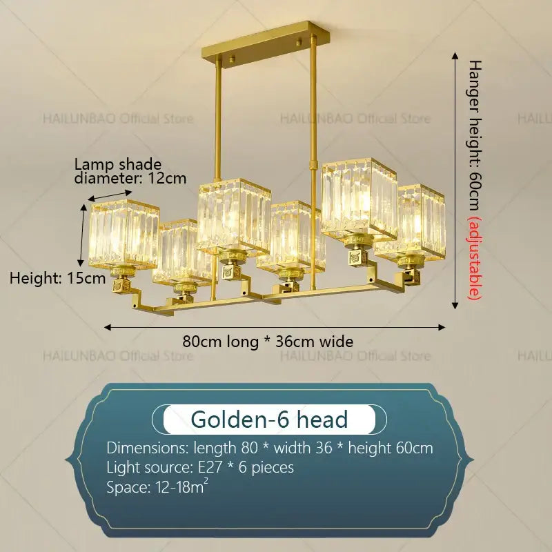 Golden-6 head decorbites crystal chandelier with six rectangular crystal lampshades and brass metal frame for luxury spaces