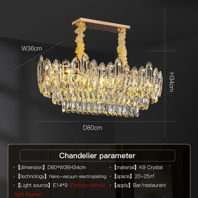 DecorBites crystal chandelier with gold-toned brass frame and cascading clear K9 crystal prisms for modern luxury