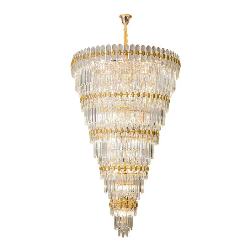 Decorbites crystal chandelier featuring multi-tiered gold accents and cascading clear glass rods for luxury lighting