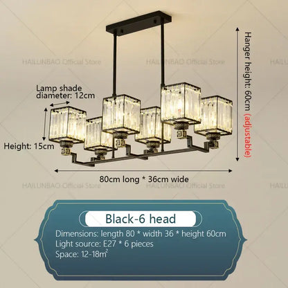Black metal decorbites crystal chandelier with six rectangular crystal lamp shades for modern luxury lighting