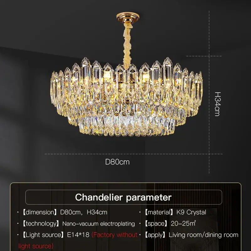 Golden-finished decorbites crystal chandelier with multiple tiers of clear k9 crystal prisms for modern luxury lighting