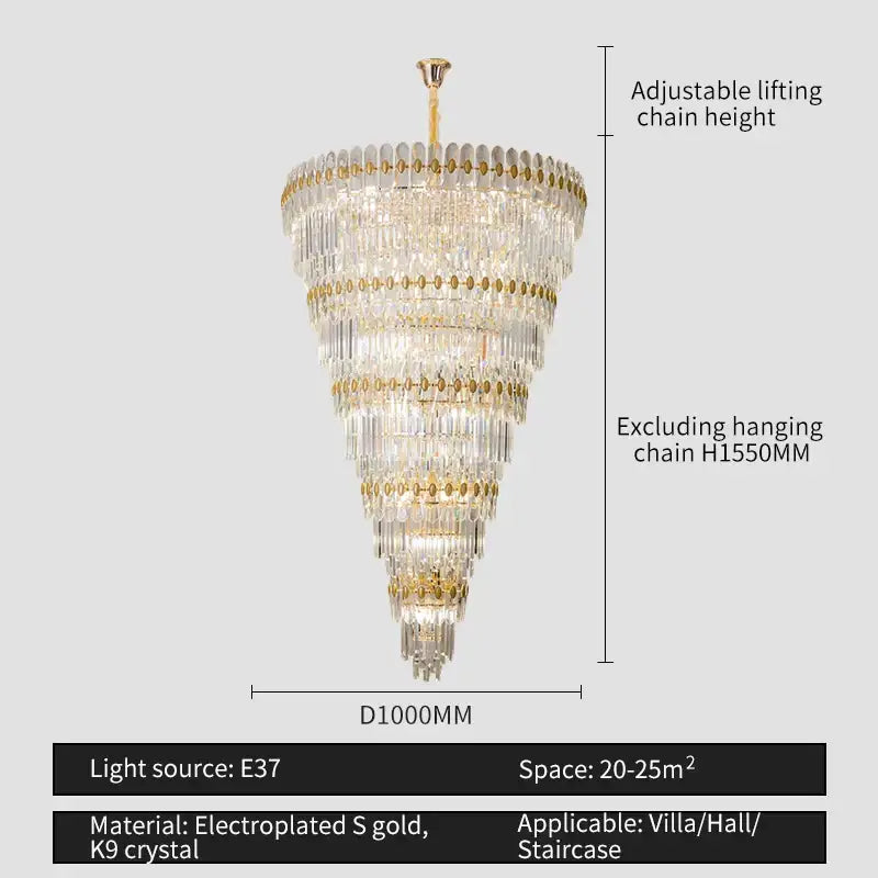 A tiered decorbites crystal chandelier with cascading clear K9 crystal prisms and gold electroplated accents for elegant lighting