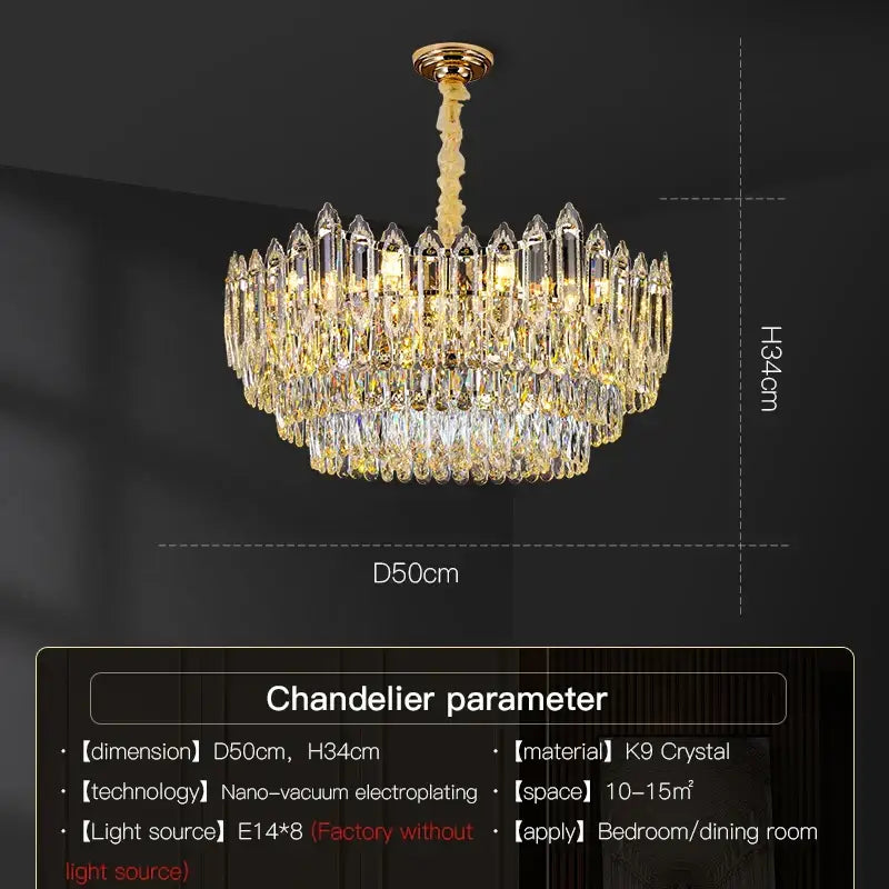 Golden-toned decorbites crystal chandelier with cascading k9 crystal prisms for living room bedroom dining room luxury lighting
