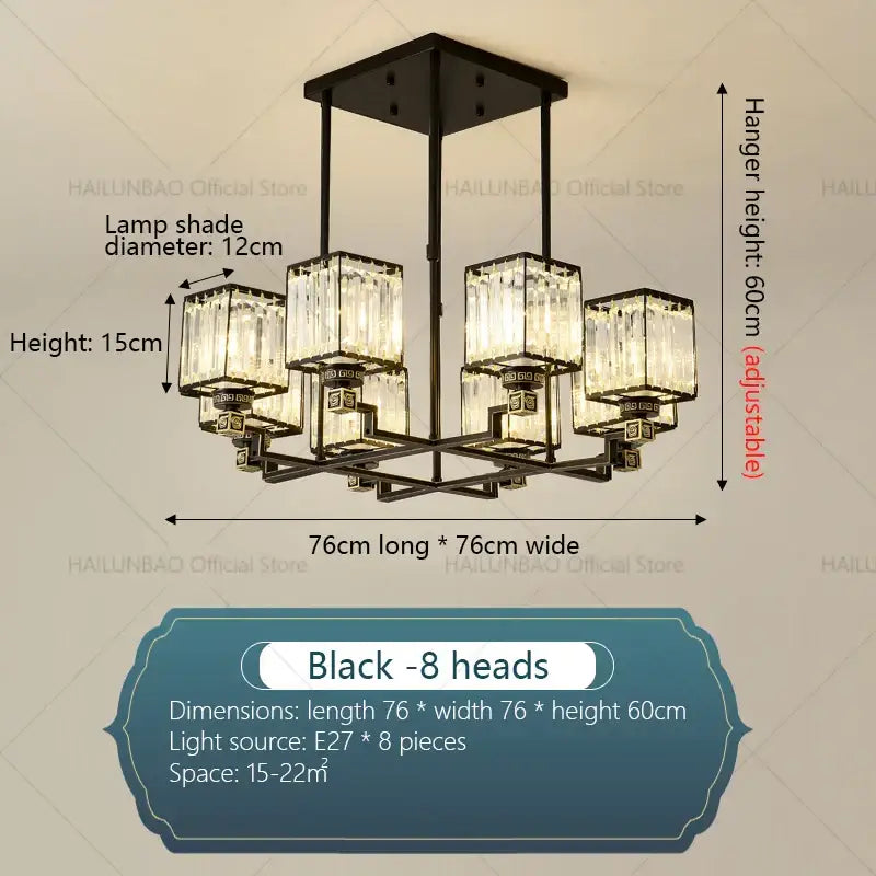 Black metal DecorBites crystal chandelier with eight clear crystal lamp shades for modern luxury interiors